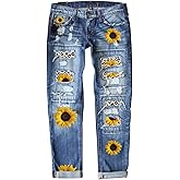 Ripped Boyfriend Jeans for Women Distressed Skinny Denim with Holes Plaid Patchwork Design Stretch Comfort Pants