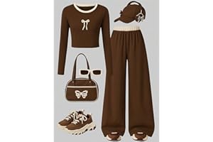 Girls' fashionable casual simple bow print long sleeved round neck pullover shirt top and loose straight leg pants set