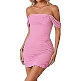 LovelyWholesale Off The Shoulder Mini Dress Sexy Mesh Bodycon Ruched Dresses Cocktail Party Club