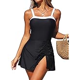 Smismivo Tummy Control Swim Dress Women Modest One Piece Swimsuits Color Block Swimdress Cute Skirt Slimming Swimwear