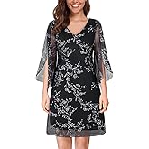 SeSe Code Womens Ruffle 3/4 Sleeve Stretchy Mesh Dress Wedding Guest Dresses