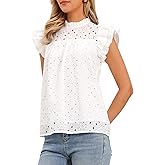 Allegra K Summer Eyelet Tops for Women Casual Ruffle Sleeves Crew Neck Hollow Out Lace Embroidered Blouses