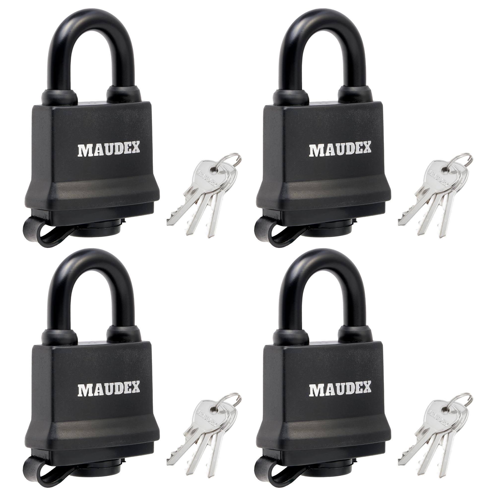 Photo 1 of Maudex® IP450 Heavy Duty Padlocks 4-Pack with 12 Same Keys - Weatherproof Outdoor Locks with Hardened Steel Shackle, Waterproof Protection for Gates, Sheds, Fences, Storage Units