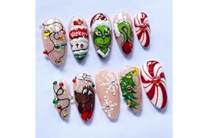 VGNRAR 30Pcs Christmas Press on Nails Medium Almond Fake Nails with Colorful Rhinestones Light Strip Xmas Tree Cartoon Design Cute Holiday Stick on Nails 3D Handmade Christmas False Nails for Women Grils DIY