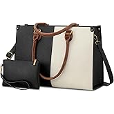 LOVEVOOK Laptop Tote Bag for Women, 15.6 Inch Large Capacity Vintage Leather Work Computer Bag, Business Casual Shoulder Handbag, Black & White & Brown