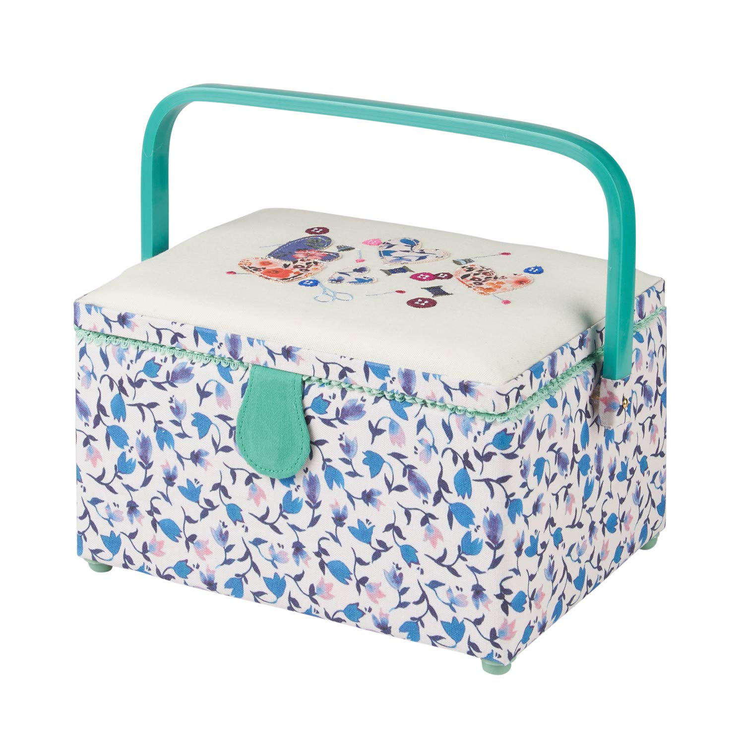 Sewing Online Medium Sewing Box,Blue Floral Fabric with a Sewing Notions Aplique Lid | 26 x 18 x 15cm | Storage & Organiser Basket with Compartments for Sewing Supplies/Accessories - GA1116M