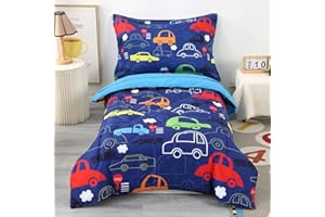 Wowelife Car Toddler Bedding Sets for Boys 4 Piece Blue Vehicle Kids Toddler Bed Sheet Sets Comforter Set for Boys with Comforter, Flat Sheet, Fitted Sheet and Pillowcase, Blue Car