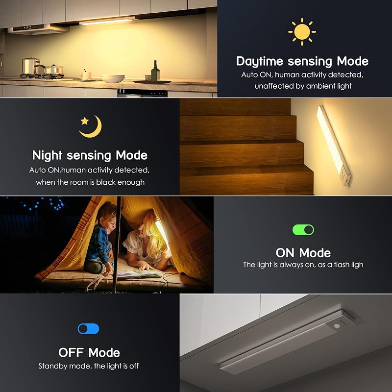 Unterbauleuchte Küche LED Schrankbeleuchtung 2Stück Warmweiß mit Bewegungsmelder Innen Akku,Schranklicht Schrankleuchten Lichtleiste USB mit Sensor für Kleiderschrank,Unterschrank,Treppe,Kofferraum,RV