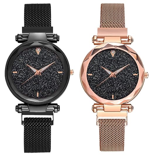 Analogue Girls' Watch (Black Dial Black & Rose Gold Colored Strap)
