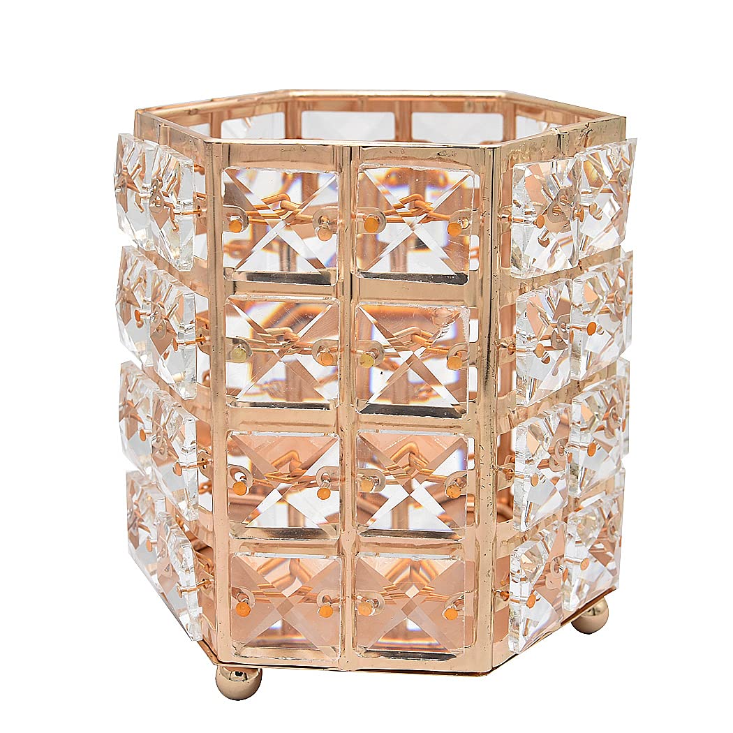 SIPLIV Makeup Brush Holders Pen Holder Handcrafted Crystal Eyebrow Pencil Pen Collection Cosmetic Storage for Vanity Bathroom Office Desk Organizer - Hexagon, Gold