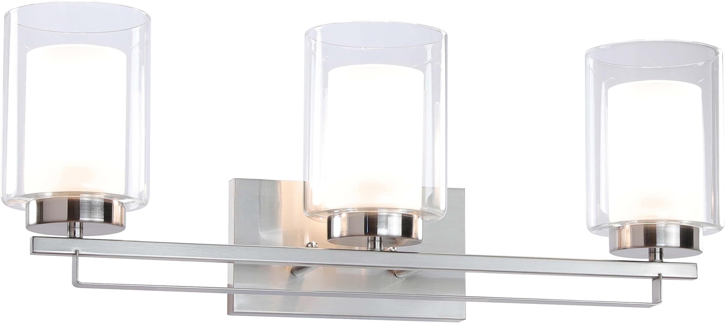 XiNBEi Lighting Wall Light 3 Light Bathroom Vanity Lighting with Dual Glass Shade in Brushed Nickel Indoor Modern Wall Mount Light for Bathroom & Kitchen XB-W1195-3-BN
