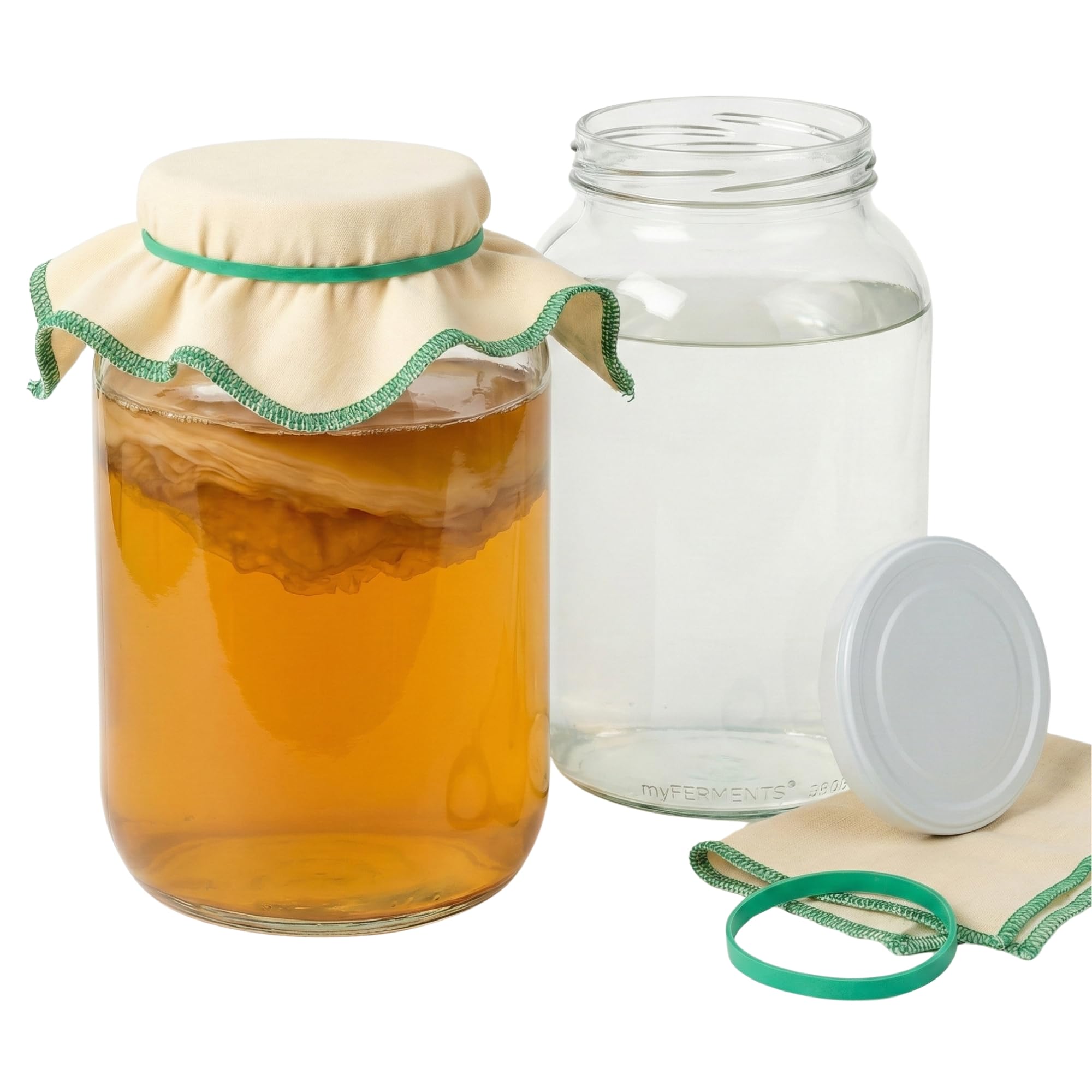 myFERMENTS Kefir and Kombucha Starter Kit – 4L Large Glass Jars with Lid for Fermentation – Wide Mouth Airtight Containers, 50x50cm Muslin Cloths & Rubber Bands – Set of 2