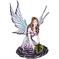 Ebros Gift Large Whimsical FAE Garden Fantasy Purple Rose Fairy with Large Leaf Kneeling On Flower Blossom Collectible Figurine Tribal Faery Accent