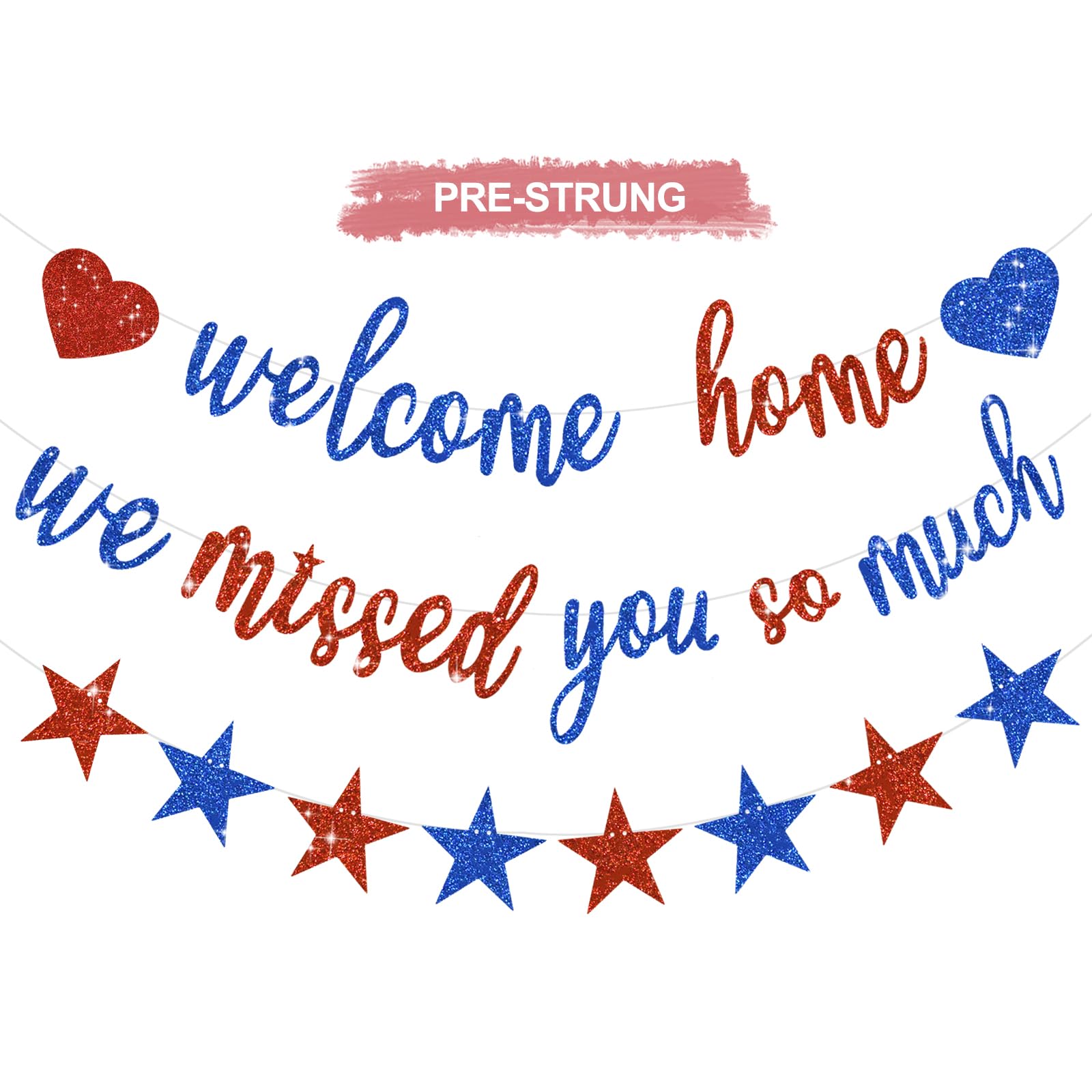 Photo 1 of RICHHHA Welcome Home We Missed You So Much Banner Pre-Strung Glitter Welcome Home Decorations Office Homecoming Paper Garland Sign Party Supplies,NO-DIY,Red Blue