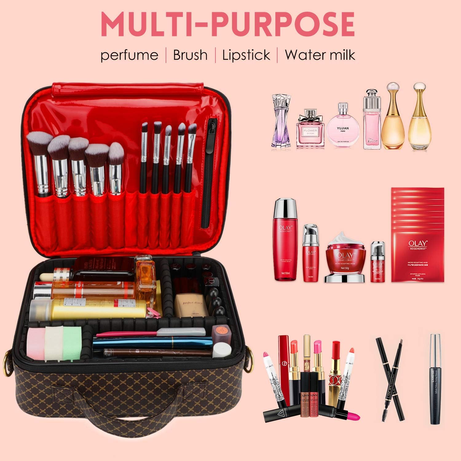 Makeup Bag Organizer Travel Case Cosmetic Large Make Up Bags Train Toiletry PU Leather Portable Waterproof With Adjustable Dividers for Women Girls (Brown)