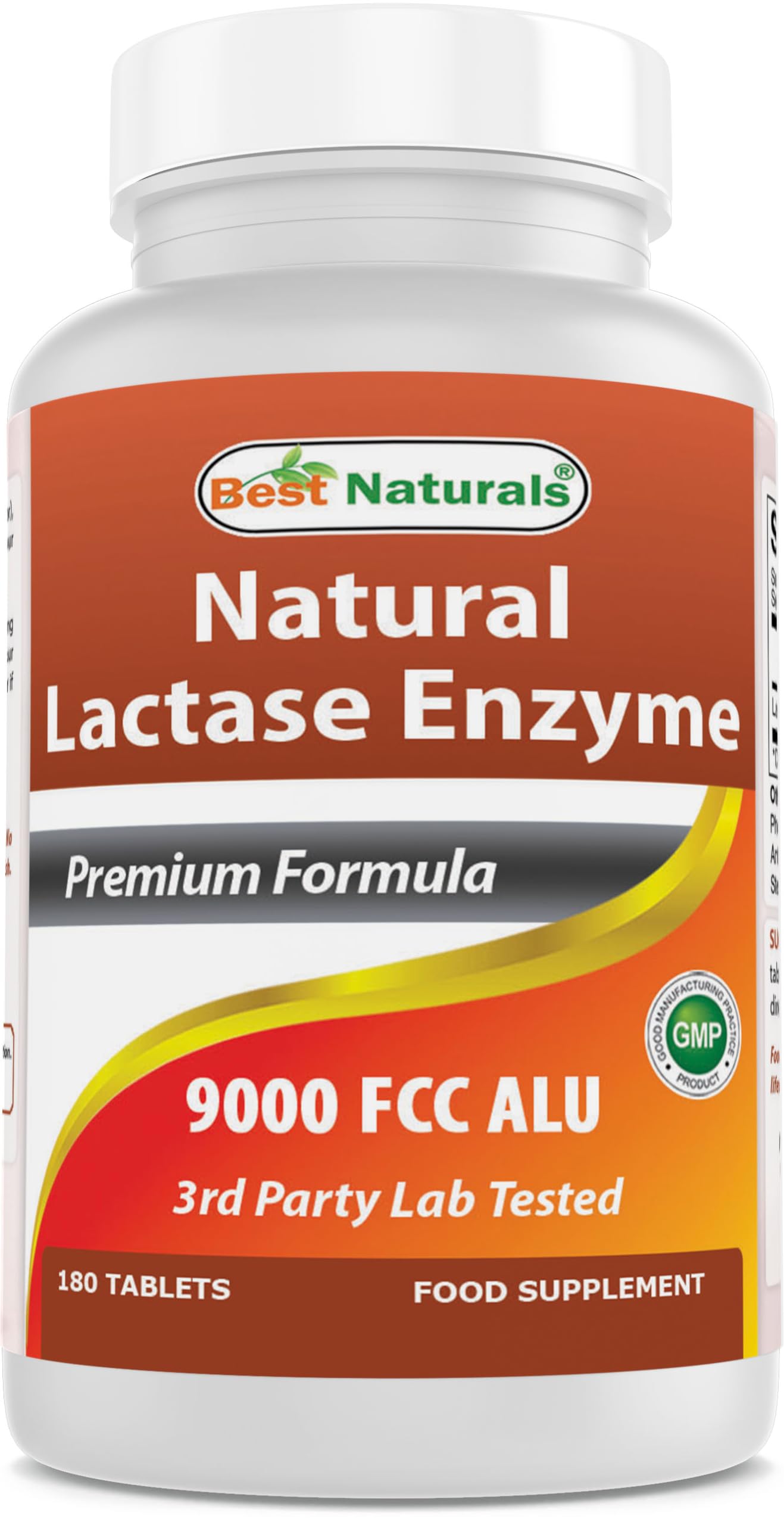 Best Naturals Lactose Intolerance Relief Tablets with Natural Lactase Enzyme, Fast Acting High Potency Lactase, 9000 FCC ALU, 180 Count