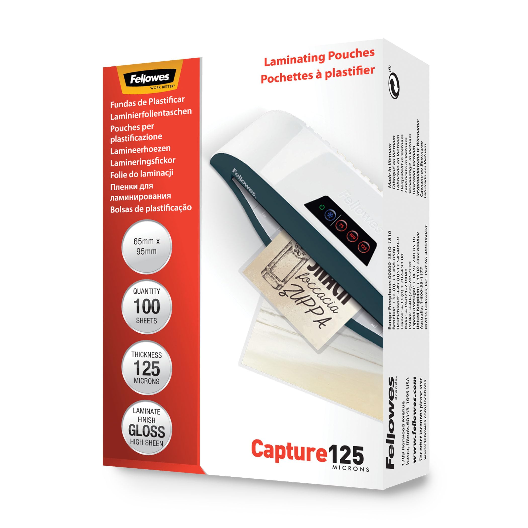 Fellowes Laminating Pouches (65x95mm) - Gloss Finish - 100 Sheets, 250 Micron (2x125) Clear & Durable Laminating Pouch - Ideal for Photos, ID Cards & Small Documents