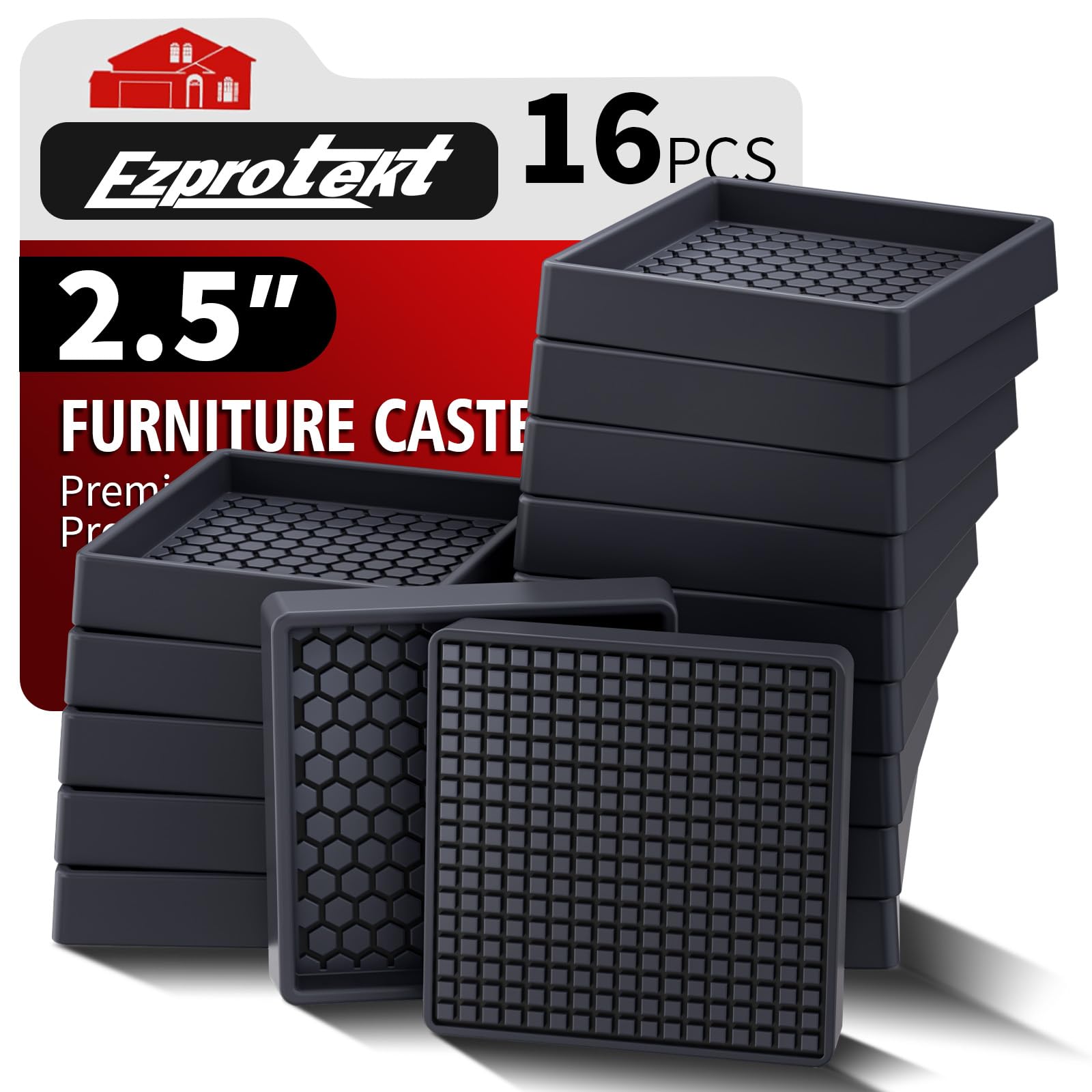 Furniture Coasters 2.5*2.5" Non Slip Furniture Pads for Hardwoods Floors, 16 PCS Round Rubber Non Skid Furniture Caster Cups, Anti Slide Furniture Feet Floor Protectors for Bed Couch Stoppers (Black)