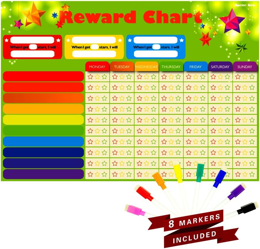 SpriteGru Magnetic Refrigerator Dry Erase Board Reward,Star,Resoposibility,Behavior, Chore Chart with 8 Free Colorful Markers for One or Multiple Kids, Toddlers or Teens.16" X 13". Flat Pack.