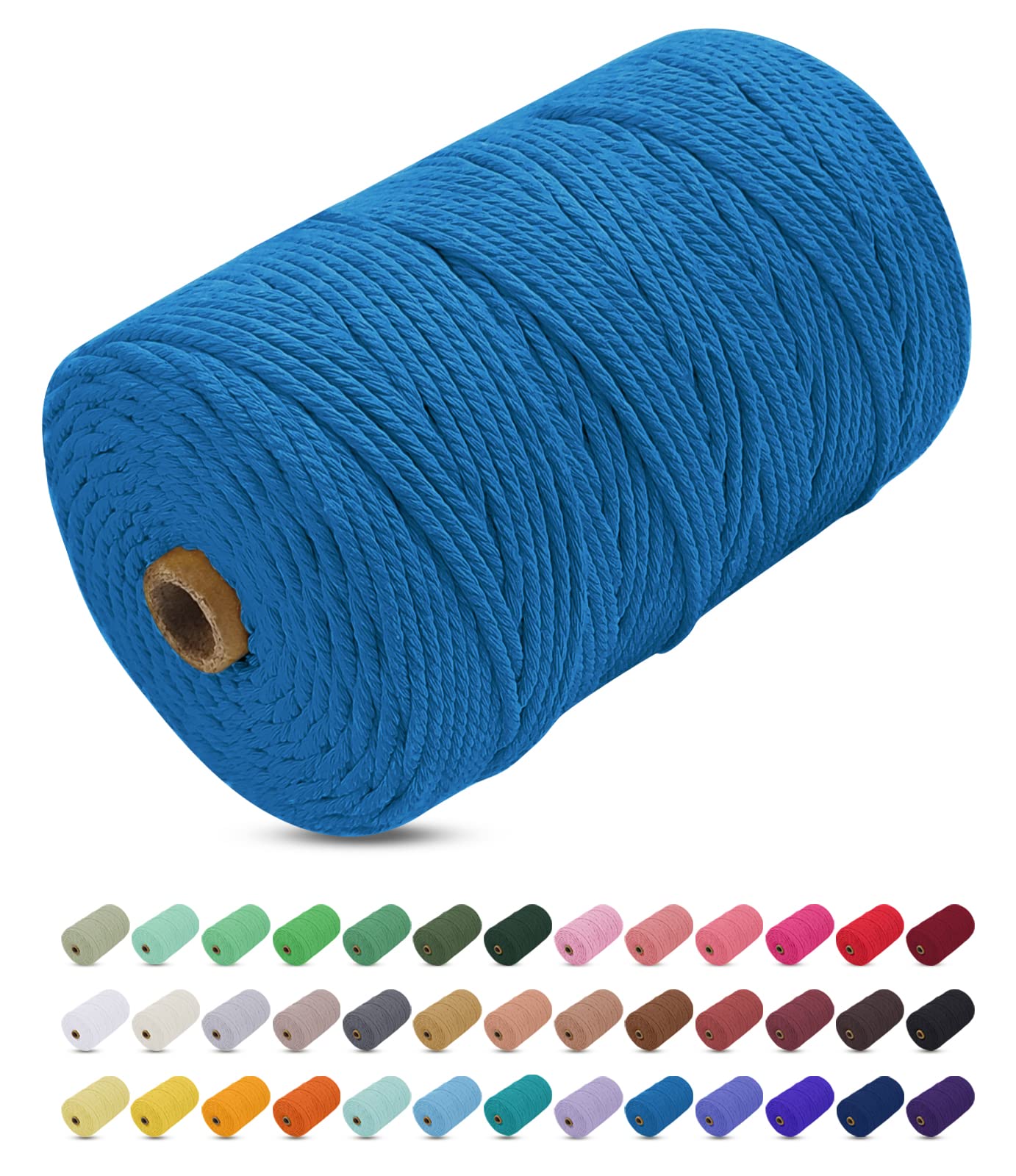 Uiopa Macrame Cord 3mm x 200m, Thick Macrame Rope Yarn Soft Natural Cotton Cord, Coloured 4-Ply Macrame String for DIY Craft, Plant Hangers, Wall Hanging, Christmas Decorations (Lake Blue)