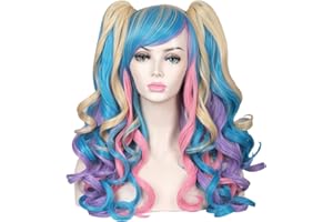 ColorGround Long Curly Cosplay Wig with 2 Ponytails(Pink/Blue/Blonde)