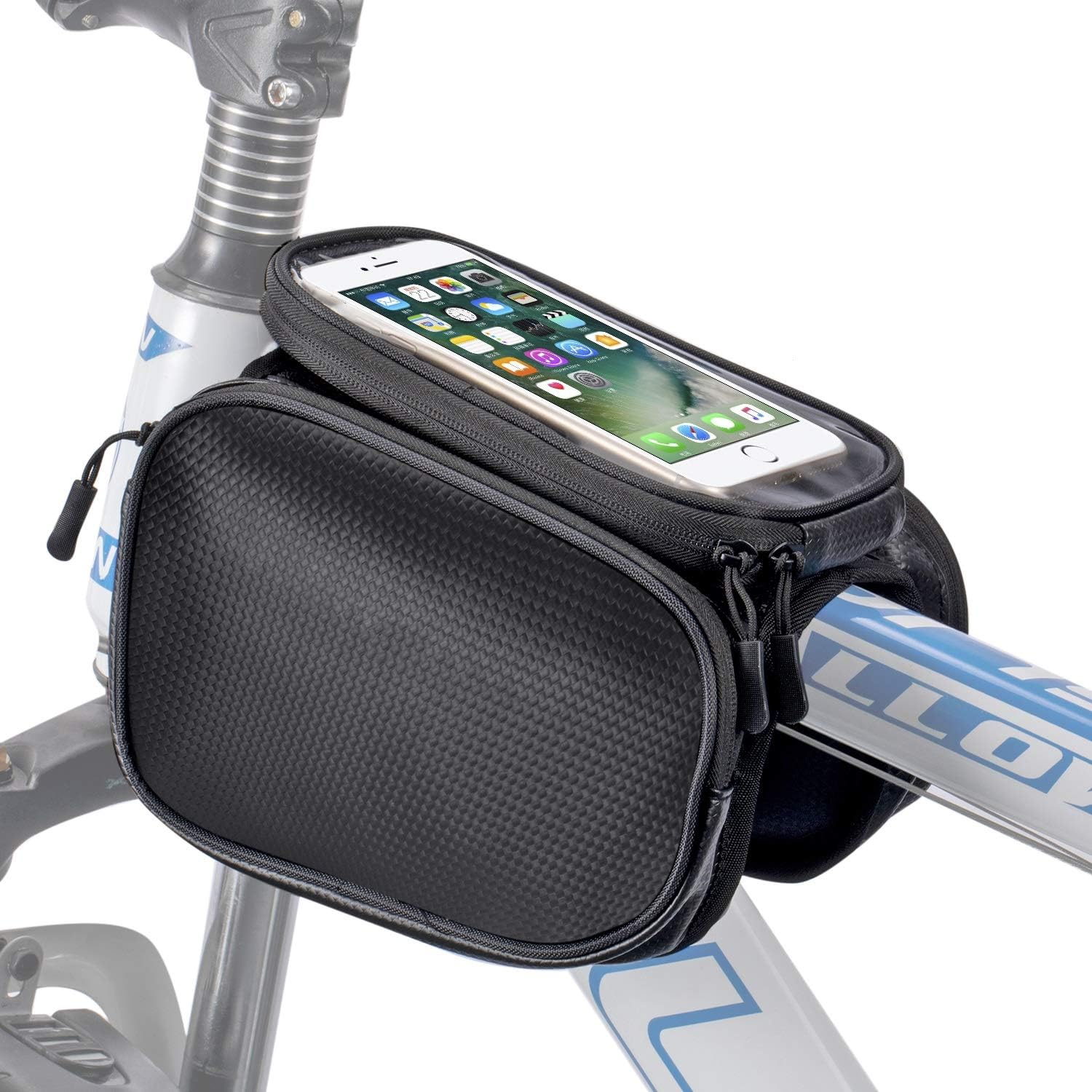 WOTOW Bike Frame Phone Bag, Waterproof Bicycle Frame Pannier Front Top Tube Pack TPU Sensitive Touchscreen Double Pouch Storage Bag Cycling Phone Holder for Cell Phone Up to 7inch with Rain Cover