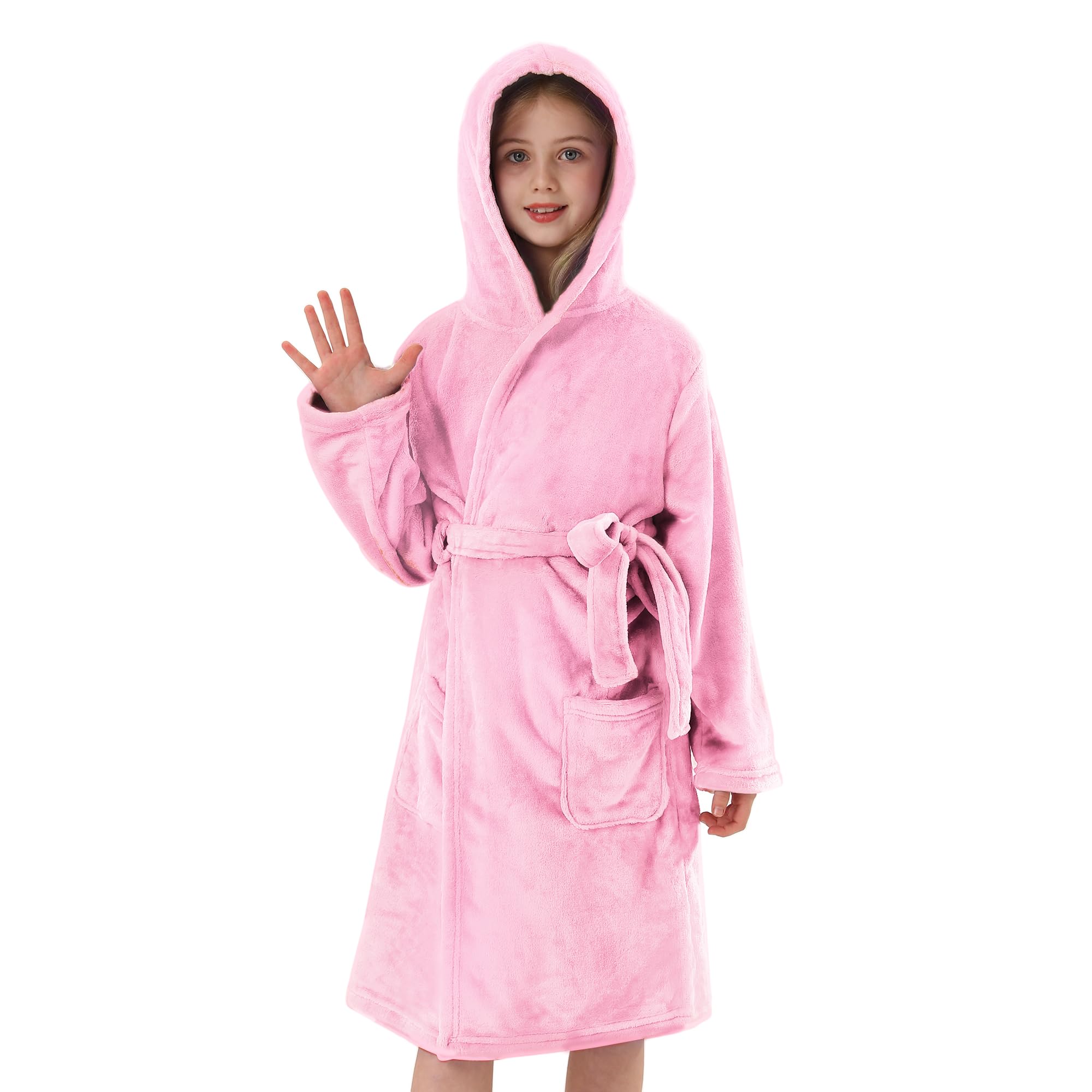 Photo 1 of V.&GRIN Girls Fleece Robe, Plush Hooded Soft Fuzzy Warm Fluffy Bathrobe for Kids 5-14 Years?Pink11-12