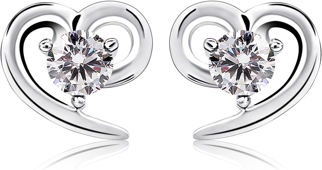 Aomiu Earring Studs Heart Shape 925 Sterling Silver Cubic Zirconia Heart Stud Earrings