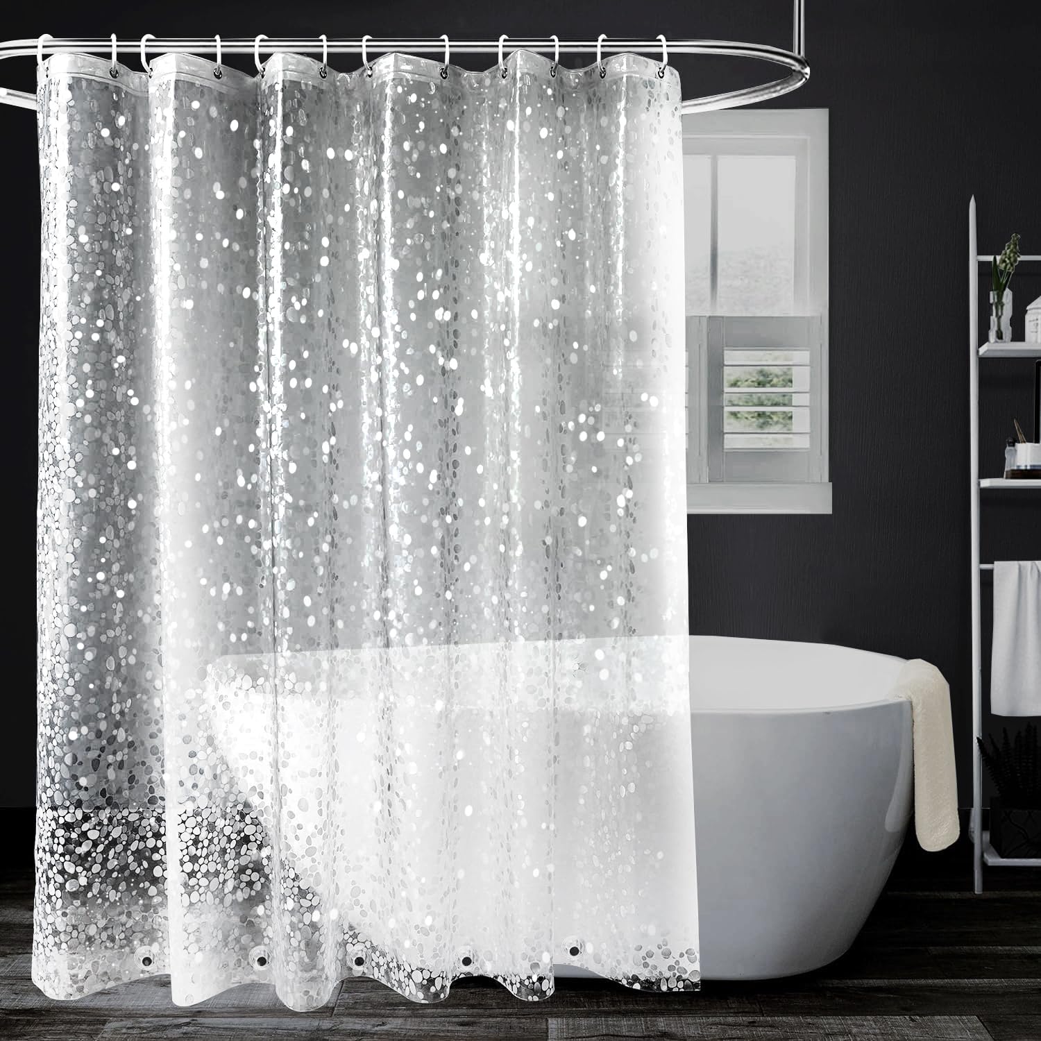 Shower Curtains Mould Proof Resistant -3D Effect Pebble Clear Shower Curtain with 3 Magnets, PEVA Waterproof Bathroom Curtains with 12 Hooks, 180 x 200 cm
