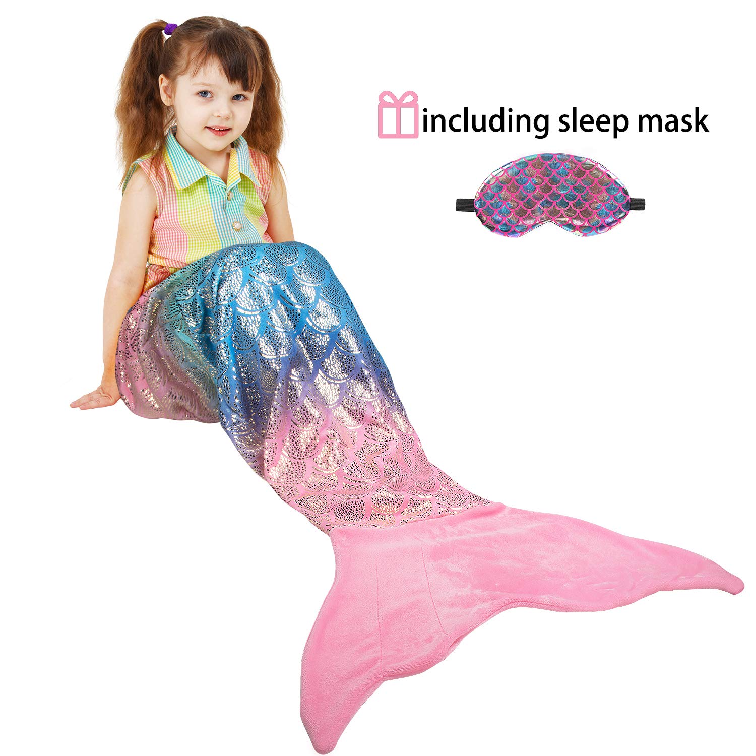 Catalonia Kids Mermaid Tail with Sleep Mask, Super Soft Flannel Sleeping Snuggle Blanket for Girls, Fish Scale Pattern, Birthday Gift for Daughter