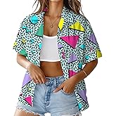 HUGLAZY 80s Outfit for Women 80s Shirt Hawaiian Short Sleeve Neon Party Outfit Retro 90s Costume Blouse Tops