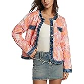 D-Sun Women's Floral Denim Jacket Long Sleeve Cropped Jacquard Jean Jacket Crewneck Button Down Casual Denim Fall Coats