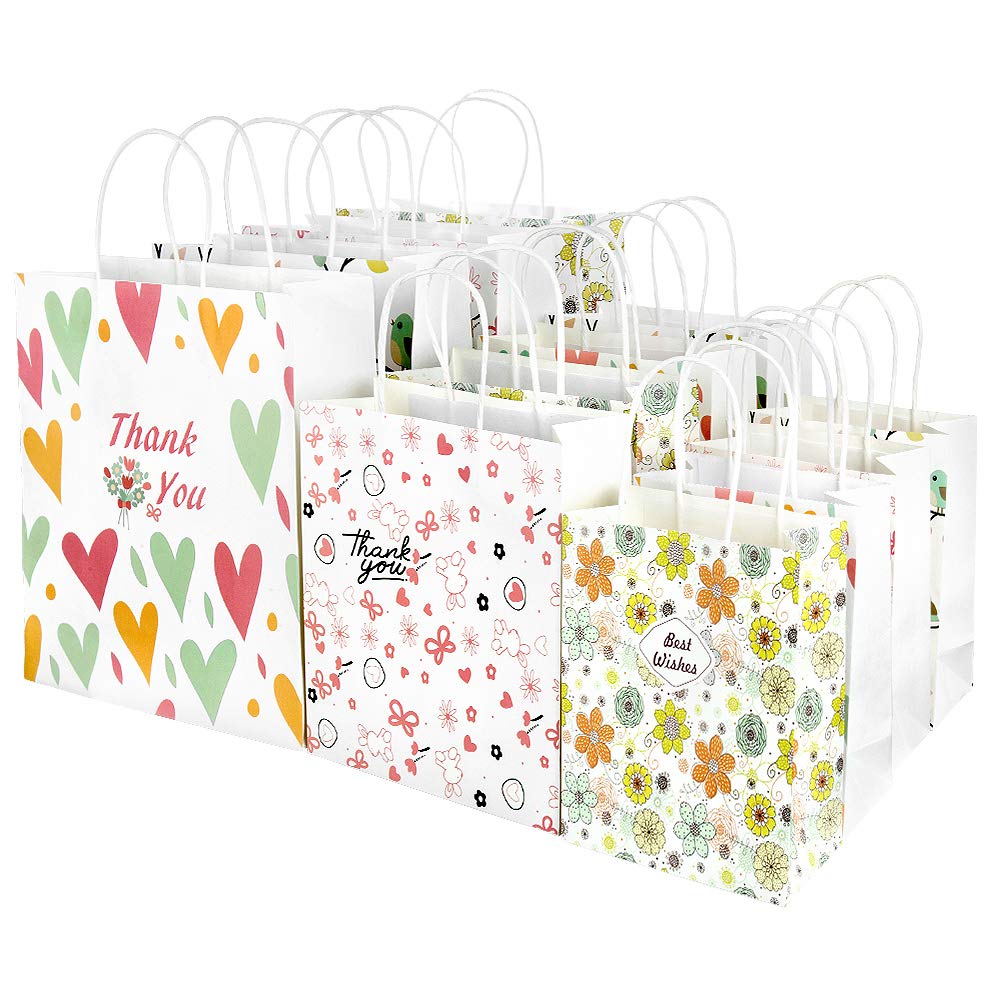 MOOKLIN ROAM 12 Pieces Multicolour Gift Bags Kraft Paper in 4 Colours 3 Different Size Party Paper Bag with Handles for for Birthday Gifts Party Favours and Wedding Celebrations