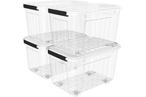 Cetomo 60Qt*4 Plastic Storage Bins, Clear Lidded Storage Box with Wheels, Stackable, 60Quart, Set of 4