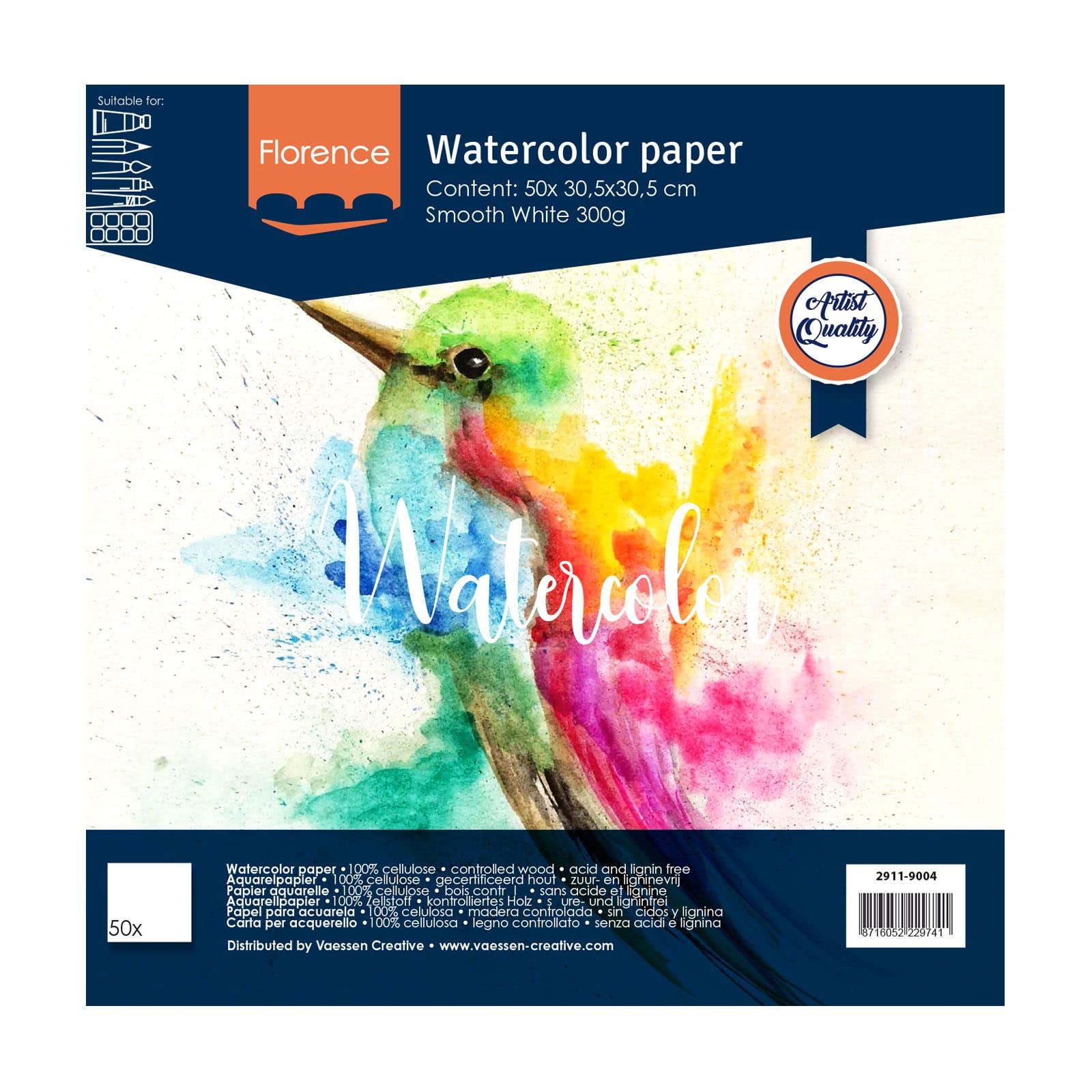 Vaessen Creative Florence Watercolour Paper 12 x 12, Ivory, 300 GSM, Artist Grade Quality, Smooth Surface, 100 Sheets for Painting, Handlettering, Art Projects, White