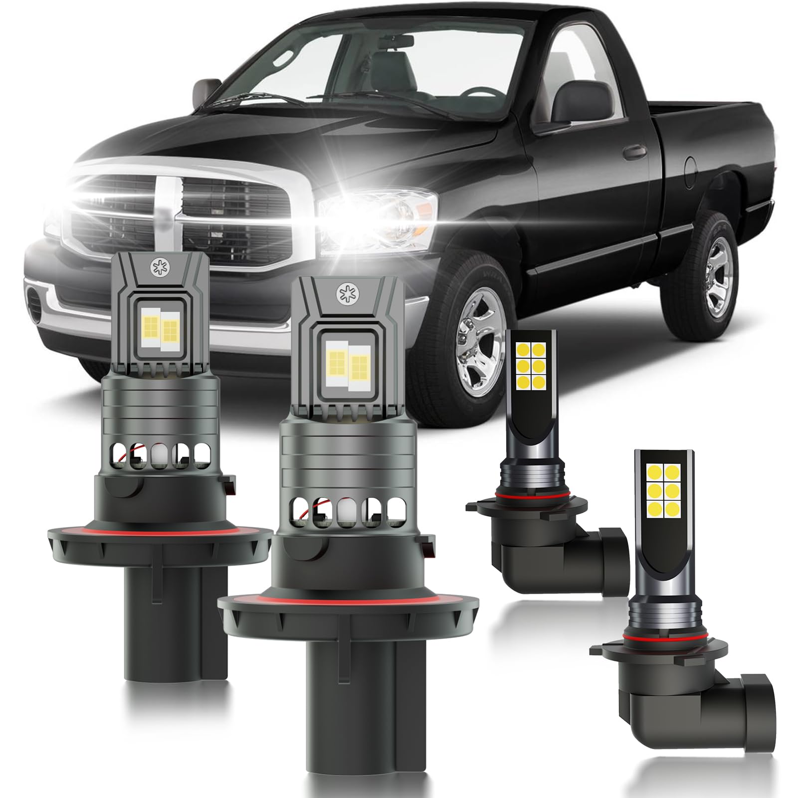 Photo 1 of HUOKEDS for 2006-2008 Dodge Ram 1500 2500 3500 Fog Lights Bulbs Combo, 4pcs Super Bright White Dual Beam and Fog Lights Blubs Package, 1:1 Size as Stock Bulbs, Plug and Play