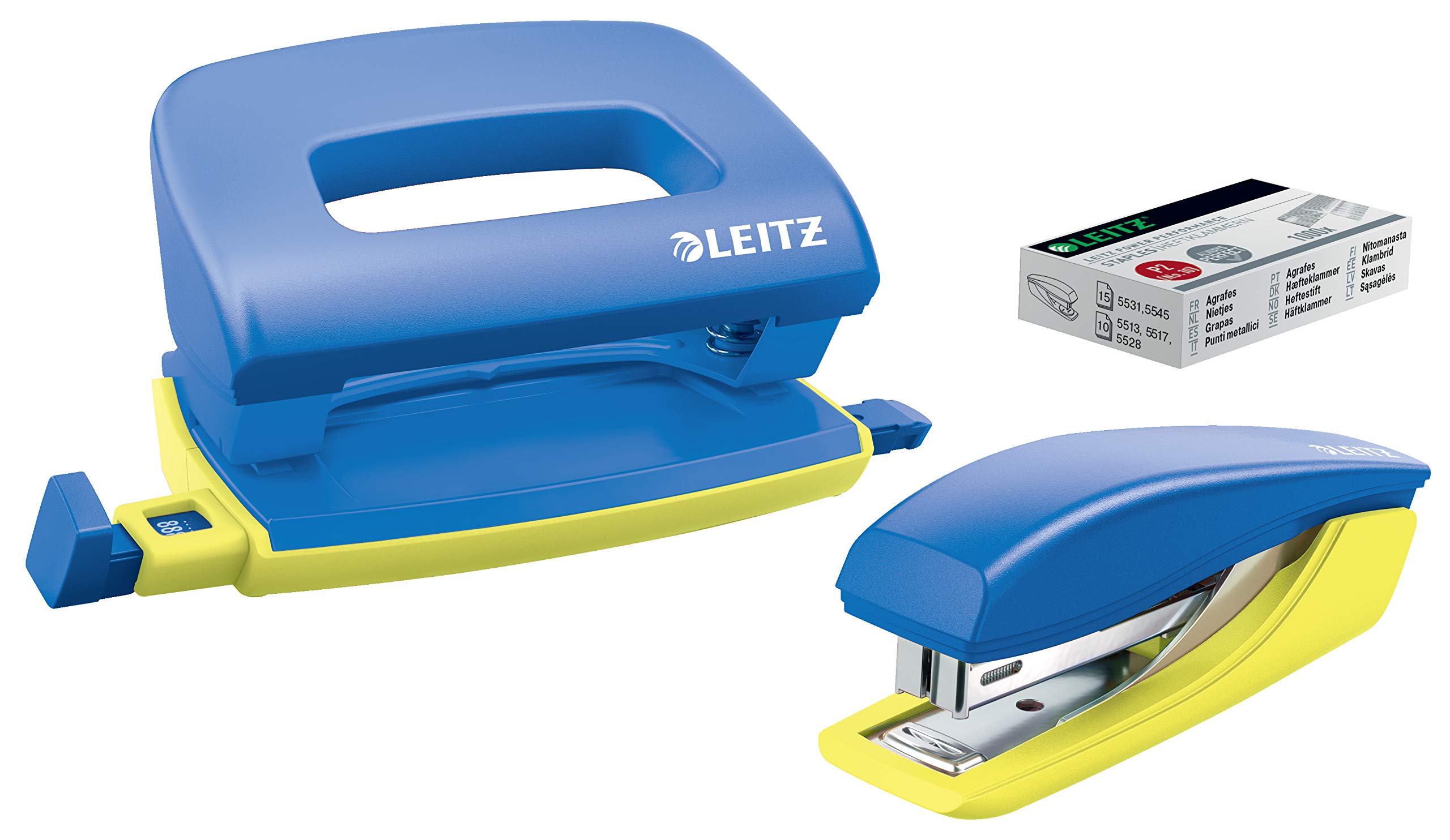 Leitz Mini Stapler & Hole Punch Set, Staple or Punch up to 10 sheets, Includes Staples, Urban Chic Range, Blue, 55996032