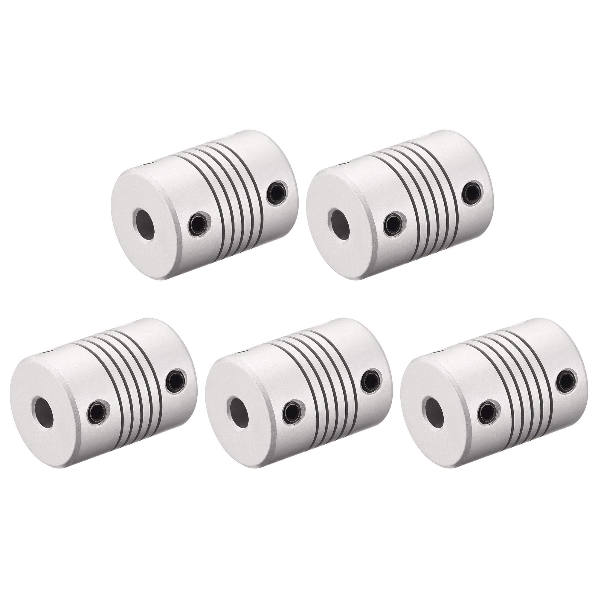 sourcing map 5mm to 6.35mm Aluminum Alloy Shaft Coupling Flexible Coupler Motor Connector Joint L25xD19 Silver,5pcs