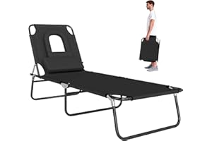 Outsunny Folding Chaise Lounge Chair, Reclining Beach Tanning Chair with Face Hole, Pillow, 4-Position Adjustable Lay Flat Su