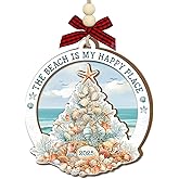 Beach Christmas Ornaments 2025 – The Beach is My Happy Place Gifts for Women Men, Wooden Christmas Decorations – Beachy Gifts for Mom, Dad, Family, Friends, Ocean Themed Gift Exchange Ideas