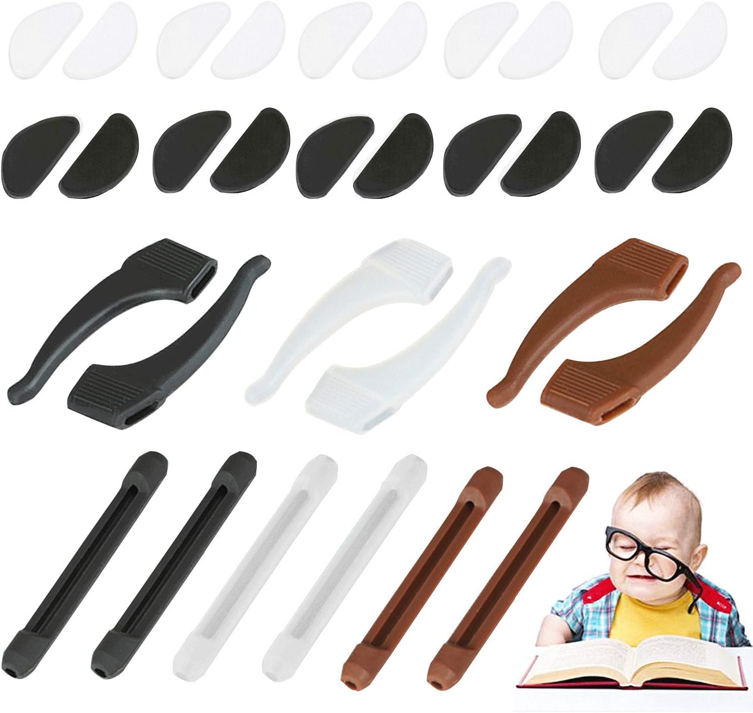 10 Pairs Eyeglasses Nose Pads + 6 Pairs Ear Grip Hooks Anti-Slip Holder for Glasses Sunglasses Spectacles