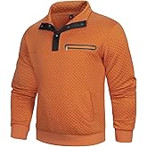 Wirltte Casual Sweatshirts for Men Pullover Mens Long Sleeve Button Stand Collar Quilted Sweatshirt with Pocket