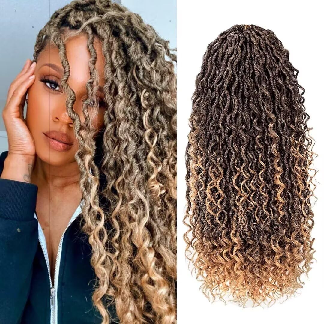 Photo 1 of 8 Packs New Goddess Locs Crochet Hair 18 Inch Pre-looped River Locs Crochet Hair with Curly Ends Curly Faux locs Braids Hair Boho Style Synthetic Hair Extensions (18" 8Packs T1B/27#)