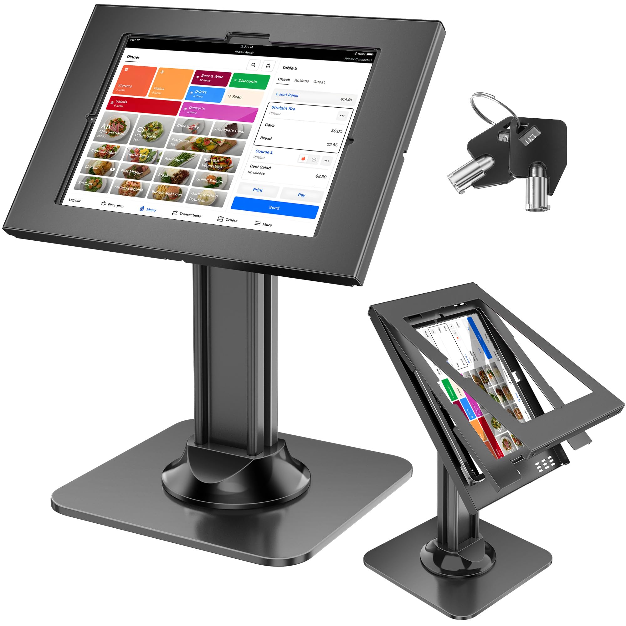 Photo 1 of AboveTEK Anti-Theft iPad Kiosk Stand, POS iPad Security Stands, Aluminum Locking Tablet Stand with Heavy Duty Base, 360° Swivel & 75° Tilt, Retail Desk Mount for Business & Commercial Use (Black)