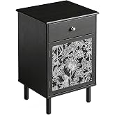 DAELIFKER Transitional Storage Nightstand with Drawer &amp; Cabinet Door, Black | Black Wooden Bedside Table with Drawer &amp; Vintage Decorative Door for Bedroom, Living Room, 16"x16"x24"