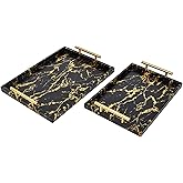 UPPER DECOR Modern Decorative Tray Set of 2 - Black and Gold Marble Wood Serving Tray with Gold Polished Metal Handles for Ottoman, Coffee Table, and More