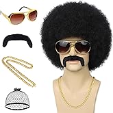 Wallden Hair 70s Mens Afro Wig 5pcs Set (Wig+ Glasses+ Necklace+ Mustache+ WigCap) Short Curly Afro Male Wigs For 70s 80s Retro Disco Outfit Men Party Cosplay Costume Halloween Use(Black)