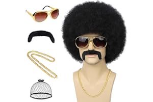 Wallden Hair 70s Mens Afro Wig 5pcs Set (Wig+ Glasses+ Necklace+ Mustache+ WigCap) Short Curly Afro Male Wigs For 70s 80s Retro Disco Outfit Men Party Cosplay Costume Halloween Use（Black）