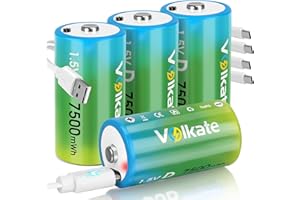volkate Rechargeable D Cell Batteries 4 Pack, 1.5V 7500mwh Lithium LR20 Battery D Size with USB-C Charging Cable, for Flashlight, Toy, Radio