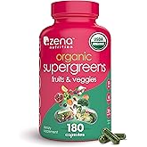 Zena Nutrition Organic Super Greens Fruit & Veggies Supplement, 70+ Superfoods from Fruit & Vegetables, Spirulina, Chlorella, Prebiotics & Probiotics, Digestive Enzymes for Gut Health, 180 Capsules